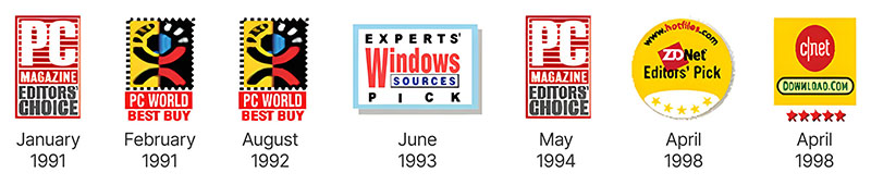Seven industry awards won by DeskTop Set, including PC Magazine Editors' Choice, PC World Best Buy, Windows Sources Experts' Pick, ZDNet Editors' Pick, and CNET five stars, from 1991 to 1998