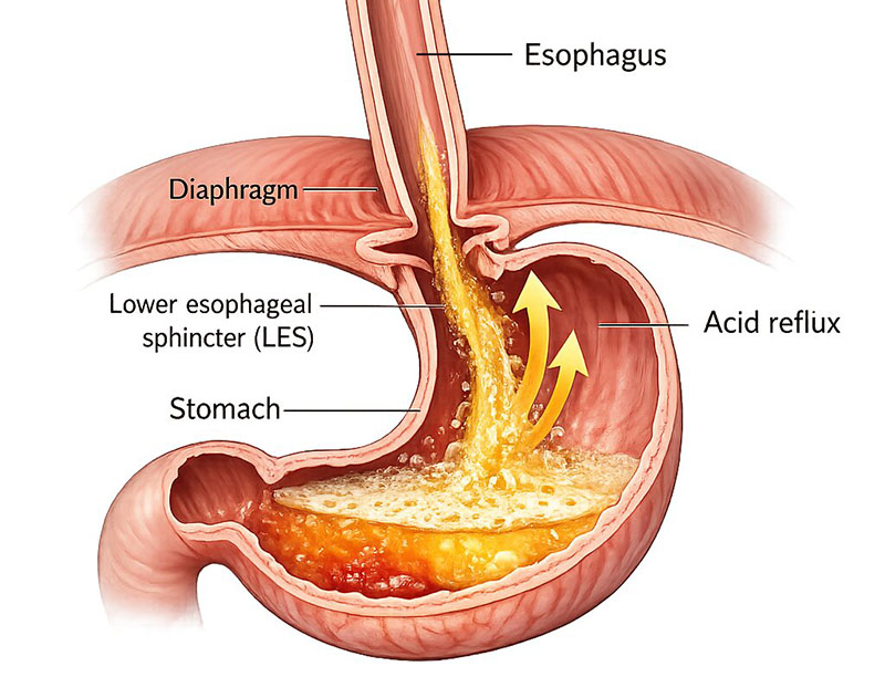 Diagram of acid reflux showing stomach acid moving past the lower esophageal sphincter into the esophagus