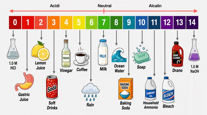 Logarithmic pH scale from 0 to 14 showing gastric juice near pH 1 compared to common acidic and alkaline substances